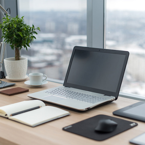 منظم ورک اسپیس: لیپ ٹاپ، نوٹ بک اور پودے کے ساتھ روشن میز